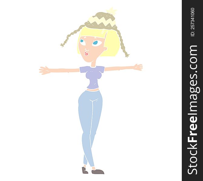 Flat Color Illustration Of A Cartoon Woman Wearing Hat