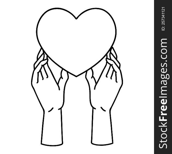 tattoo in black line style of hands reaching for a heart. tattoo in black line style of hands reaching for a heart