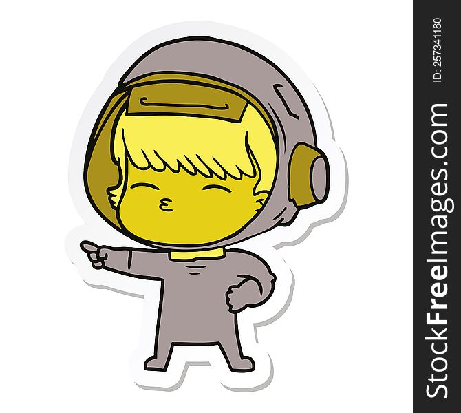 sticker of a cartoon curious astronaut pointing