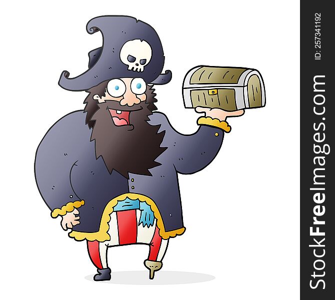 cartoon pirate captain with treasure chest