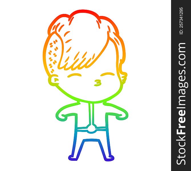 Rainbow Gradient Line Drawing Cartoon Girl Wearing Futuristic Clothes