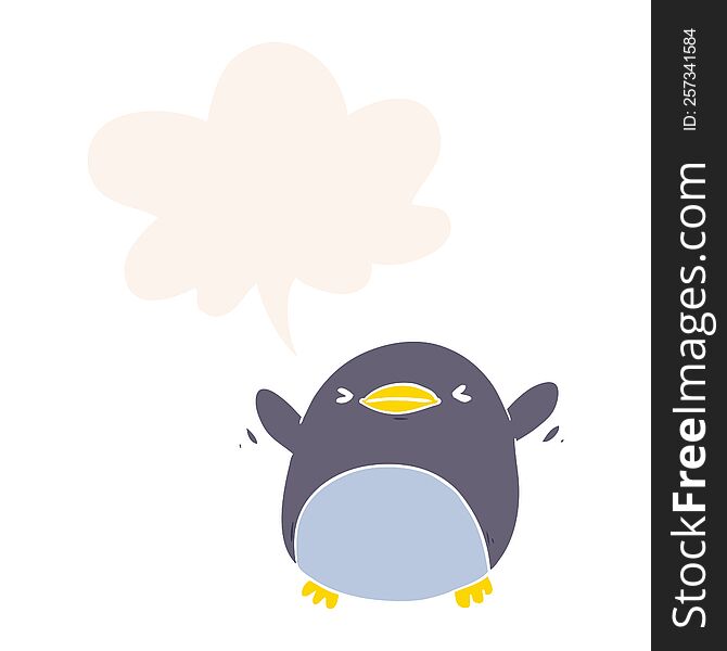 cute cartoon penguin flapping wings and speech bubble in retro style