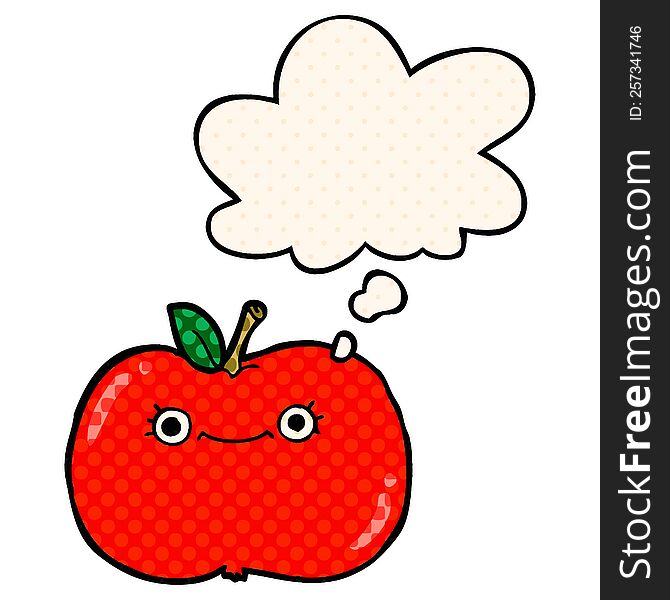 cute cartoon apple with thought bubble in comic book style