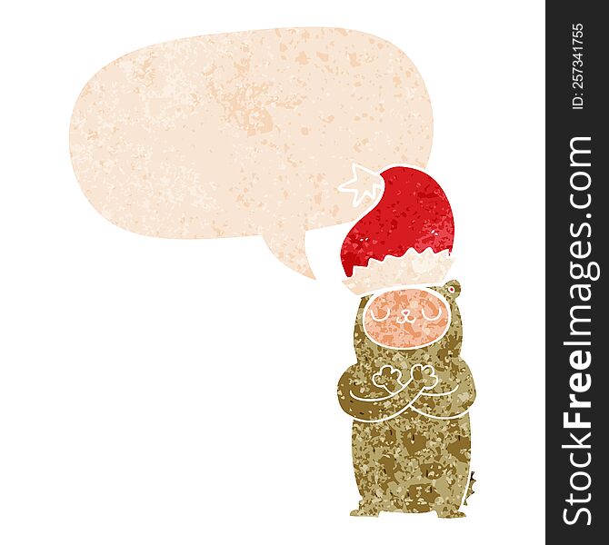 Cartoon Bear Wearing Christmas Hat And Speech Bubble In Retro Textured Style