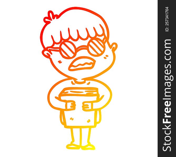 warm gradient line drawing of a cartoon boy hugging book wearing spectacles