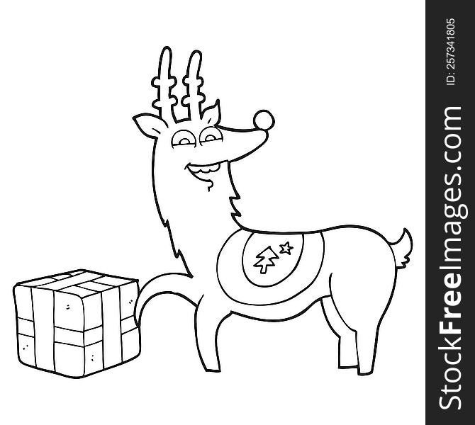 black and white cartoon christmas reindeer with present