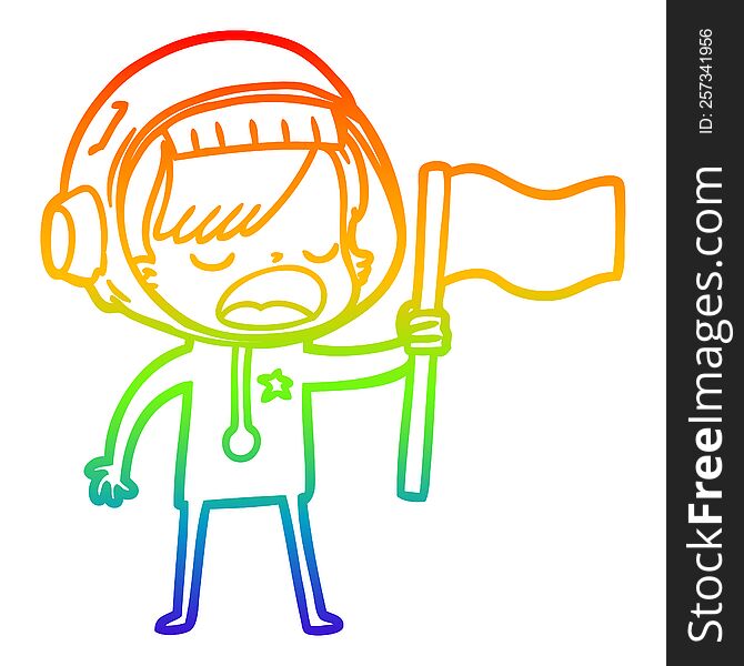 Rainbow Gradient Line Drawing Cartoon Astronaut Woman Waving Flag