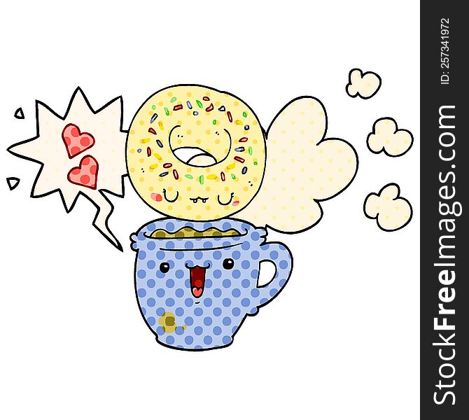 cute cartoon donut and coffee and speech bubble in comic book style