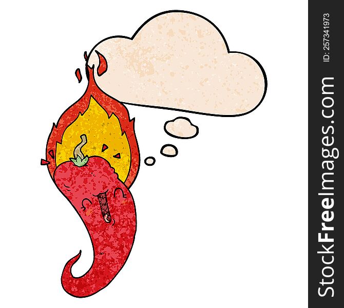 Cartoon Flaming Hot Chili Pepper And Thought Bubble In Grunge Texture Pattern Style