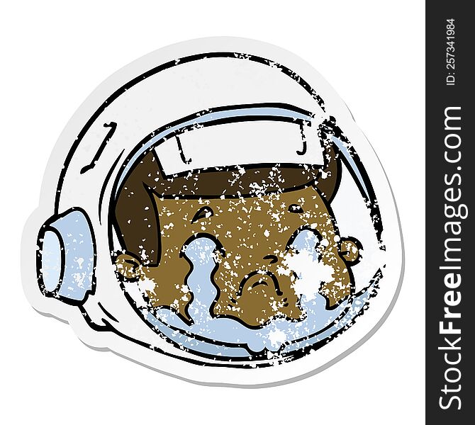 Distressed Sticker Of A Cartoon Astronaut Face Crying