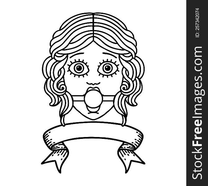 traditional black linework tattoo with banner of female face wearing a ball gag. traditional black linework tattoo with banner of female face wearing a ball gag
