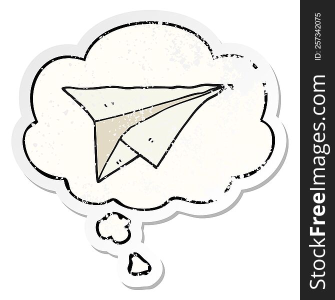 cartoon paper airplane with thought bubble as a distressed worn sticker