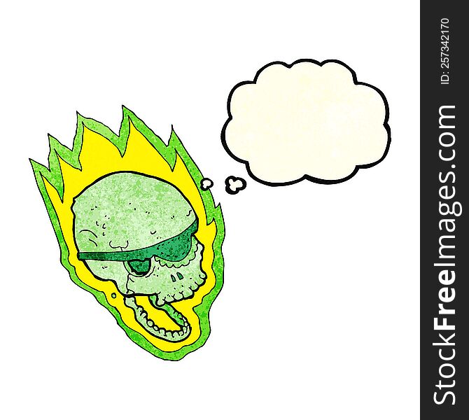 cartoon flaming pirate skull with thought bubble