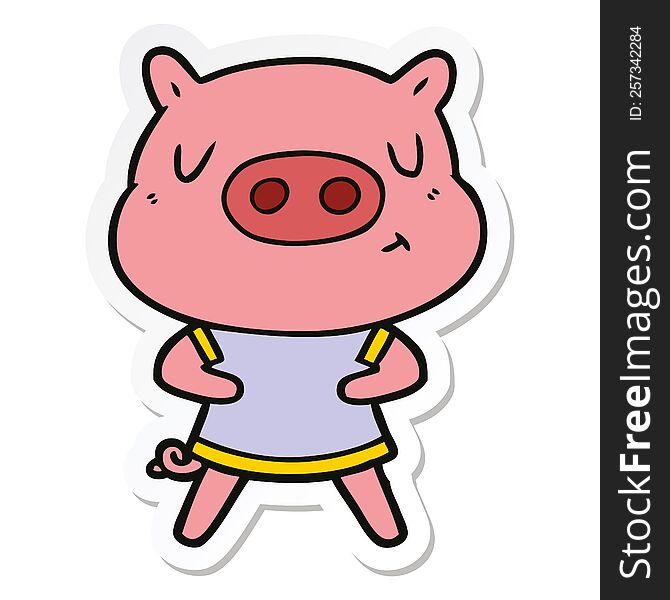 Sticker Of A Cartoon Content Pig Wearing T Shirt