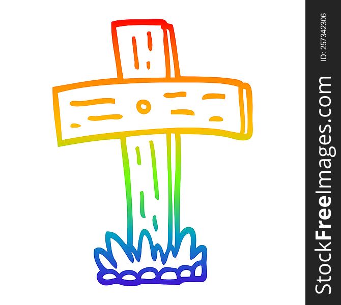 rainbow gradient line drawing of a cartoon graveyard cross