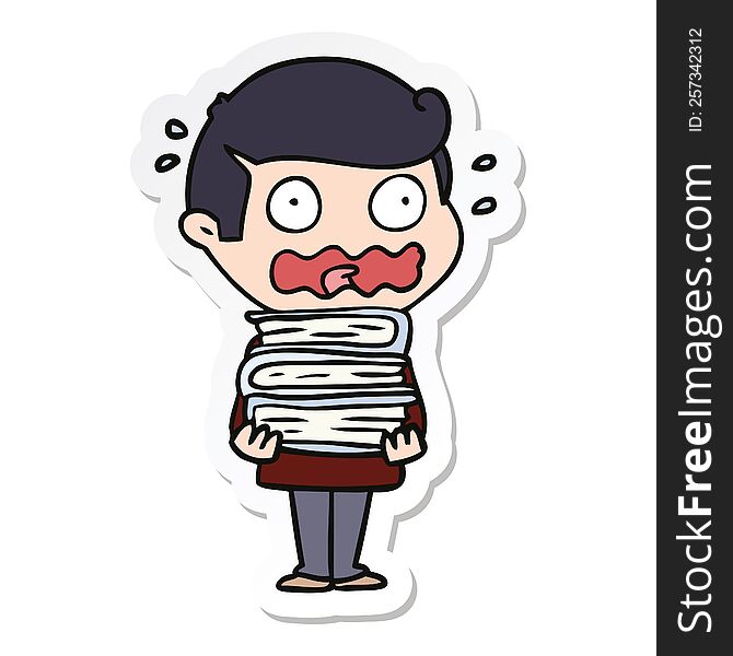 sticker of a cartoon man with books totally stressed out