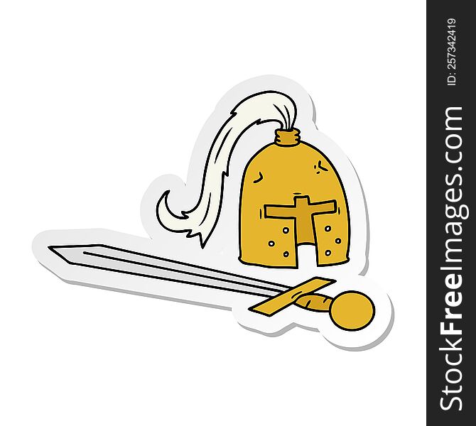 hand drawn sticker cartoon doodle of a medieval helmet and sword
