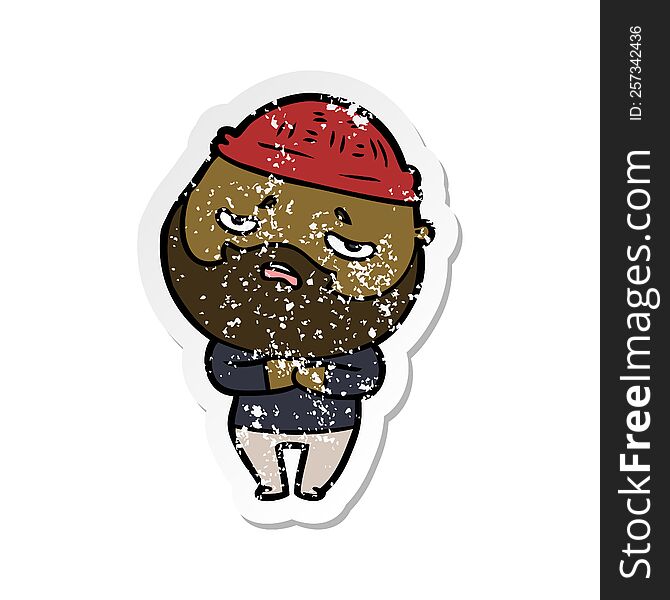 Distressed Sticker Of A Cartoon Worried Man With Beard