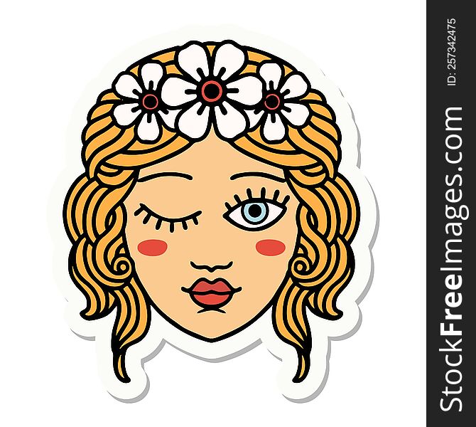 sticker of tattoo in traditional style of a maidens face winking. sticker of tattoo in traditional style of a maidens face winking