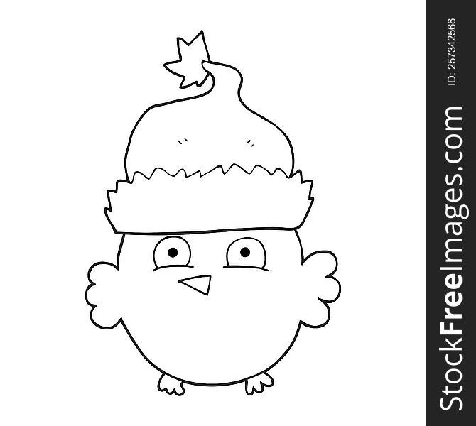 Black And White Cartoon Owl Wearing Christmas Hat