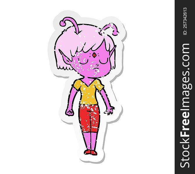 Distressed Sticker Of A Cartoon Alien Girl