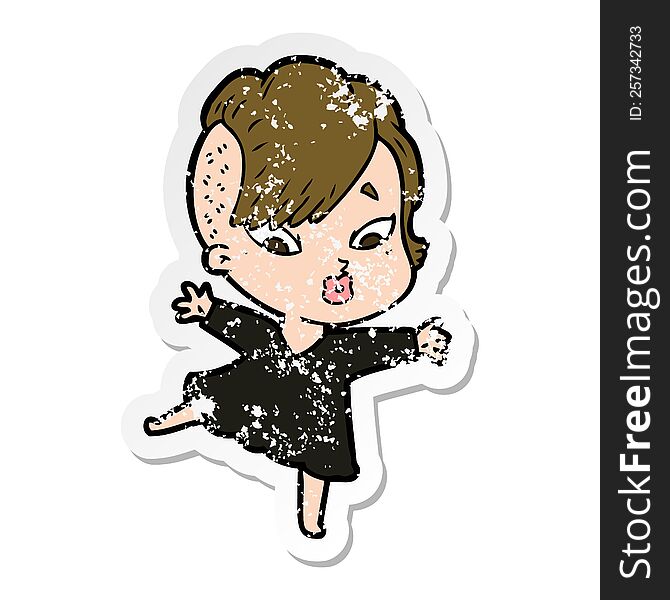 distressed sticker of a cartoon surprised girl in black dress