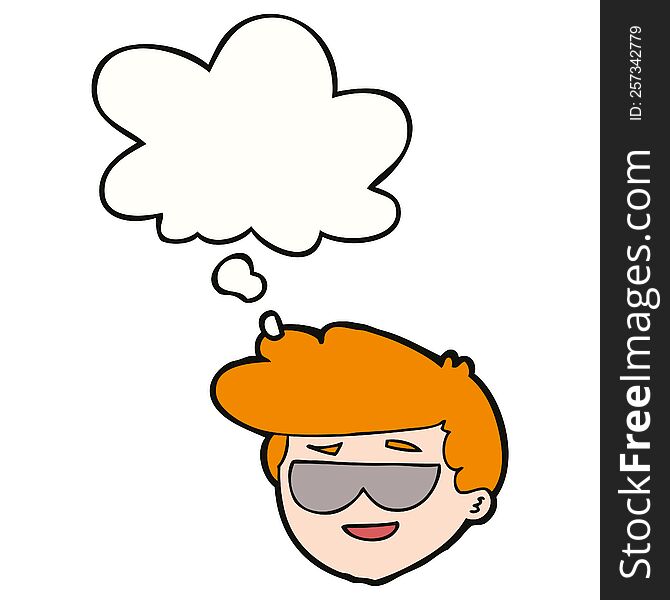 cartoon boy wearing sunglasses with thought bubble