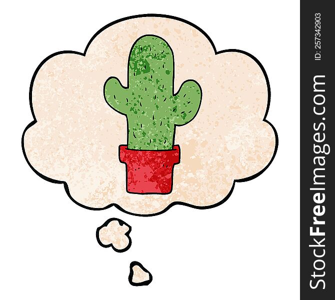 Cartoon Cactus And Thought Bubble In Grunge Texture Pattern Style