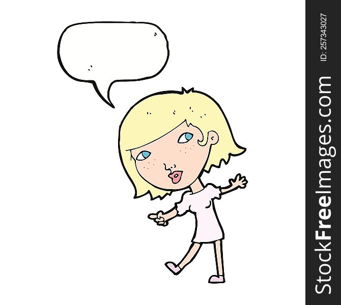 Cartoon Happy Girl Gesturing To Follow With Speech Bubble