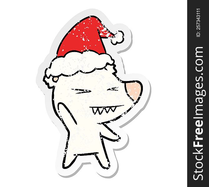 angry polar bear hand drawn distressed sticker cartoon of a wearing santa hat