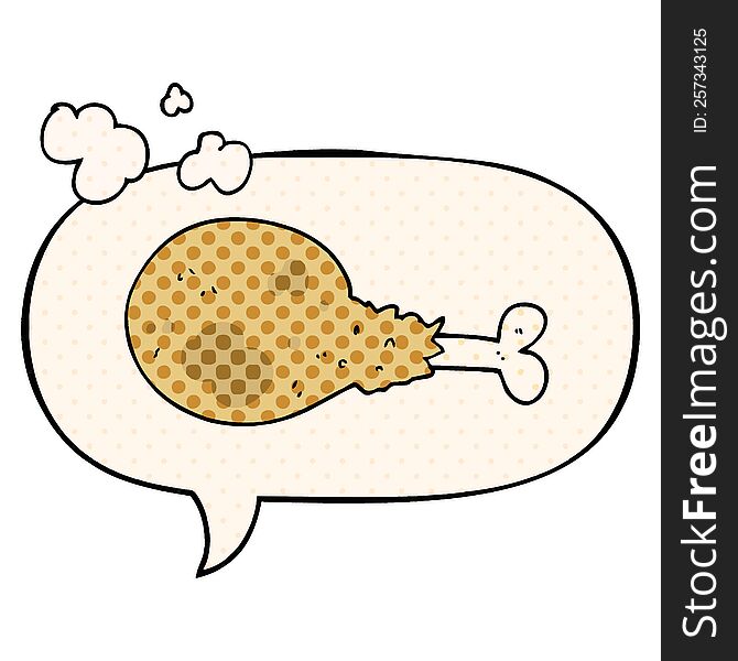 cartoon cooked chicken leg and speech bubble in comic book style