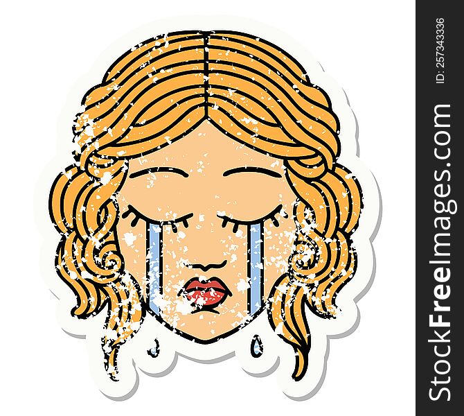 distressed sticker tattoo in traditional style of female face crying. distressed sticker tattoo in traditional style of female face crying