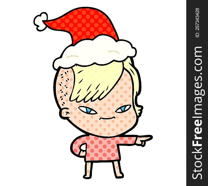 cute hand drawn comic book style illustration of a girl with hipster haircut wearing santa hat