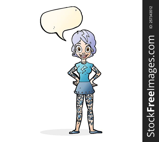 cartoon woman with heavy tattoos with speech bubble