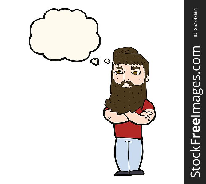 cartoon serious man with beard with thought bubble