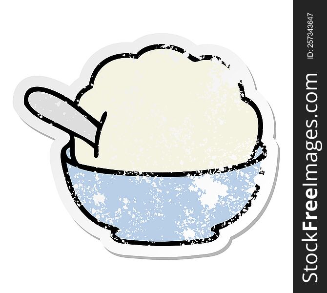 distressed sticker of a quirky hand drawn cartoon ice cream bowl