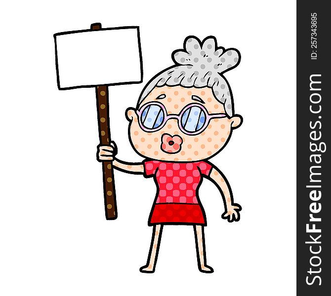 cartoon protester woman wearing spectacles. cartoon protester woman wearing spectacles