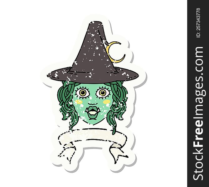 Retro Tattoo Style half orc witch character face with banner. Retro Tattoo Style half orc witch character face with banner