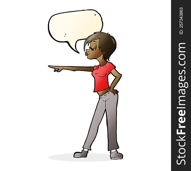 Cartoon Hip Woman Pointing With Speech Bubble