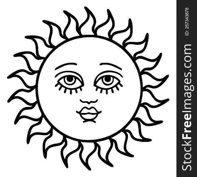 tattoo in black line style of a sun with face. tattoo in black line style of a sun with face