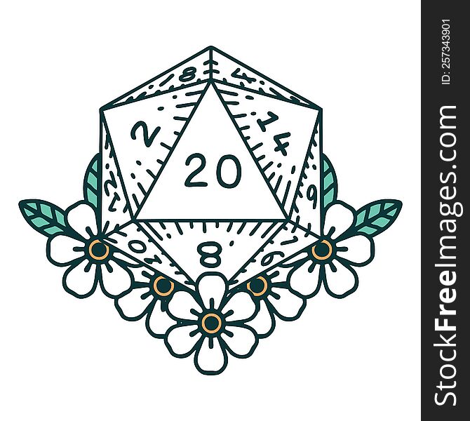 natural 20 D20 dice roll with floral elements illustration