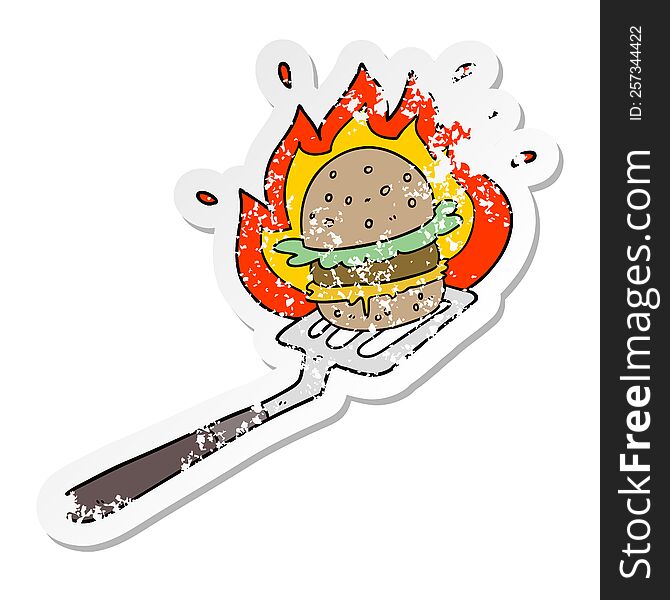 Distressed Sticker Of A Cartoon Burger On Spatula