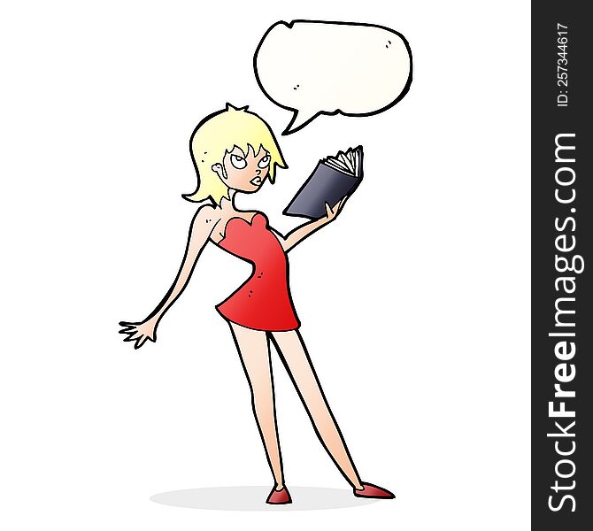 cartoon woman reading book with speech bubble