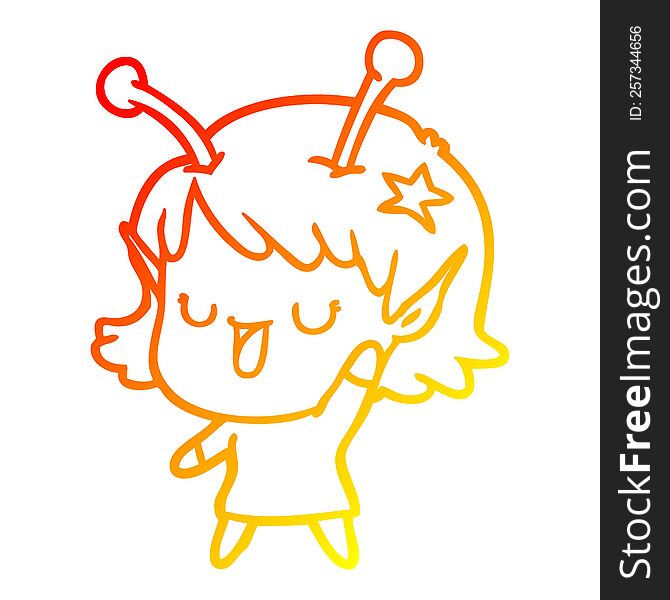 warm gradient line drawing of a happy alien girl cartoon