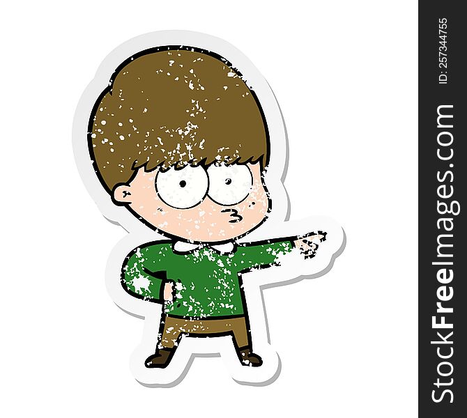Distressed Sticker Of A Nervous Cartoon Boy Pointing