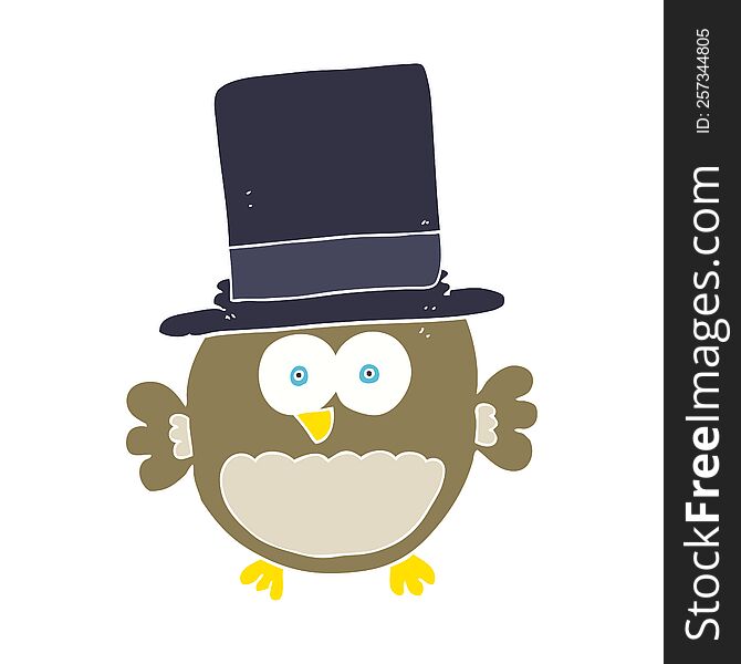 Flat Color Illustration Of A Cartoon Owl In Top Hat