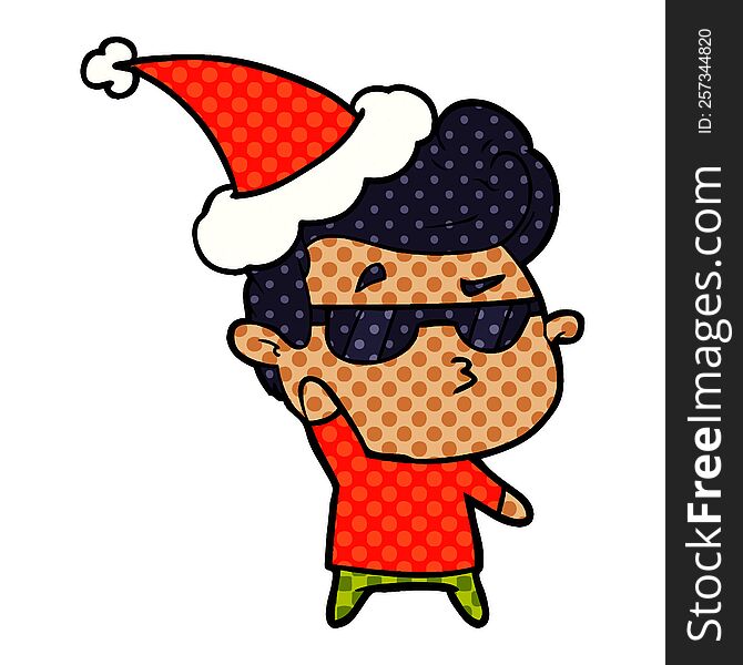 Comic Book Style Illustration Of A Cool Guy Wearing Santa Hat