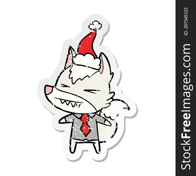 angry wolf boss hand drawn distressed sticker cartoon of a wearing santa hat