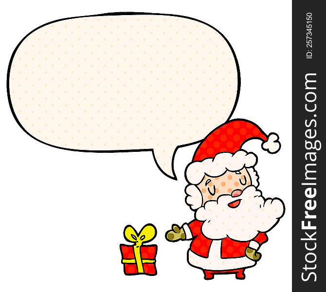 Cartoon Santa Claus And Present And Speech Bubble In Comic Book Style