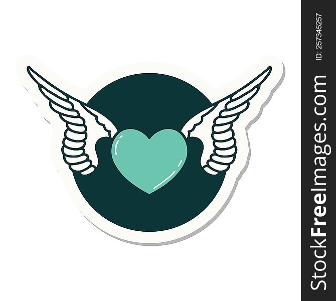 sticker of tattoo in traditional style of a heart with wings. sticker of tattoo in traditional style of a heart with wings